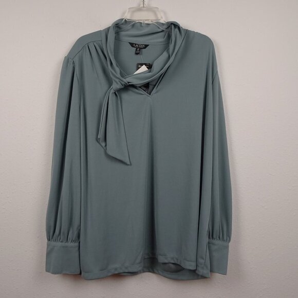 Ralph Lauren Tie Neck Top Blouse Women's Plus Size 3X Green Jersey Knit - Picture 2 of 9